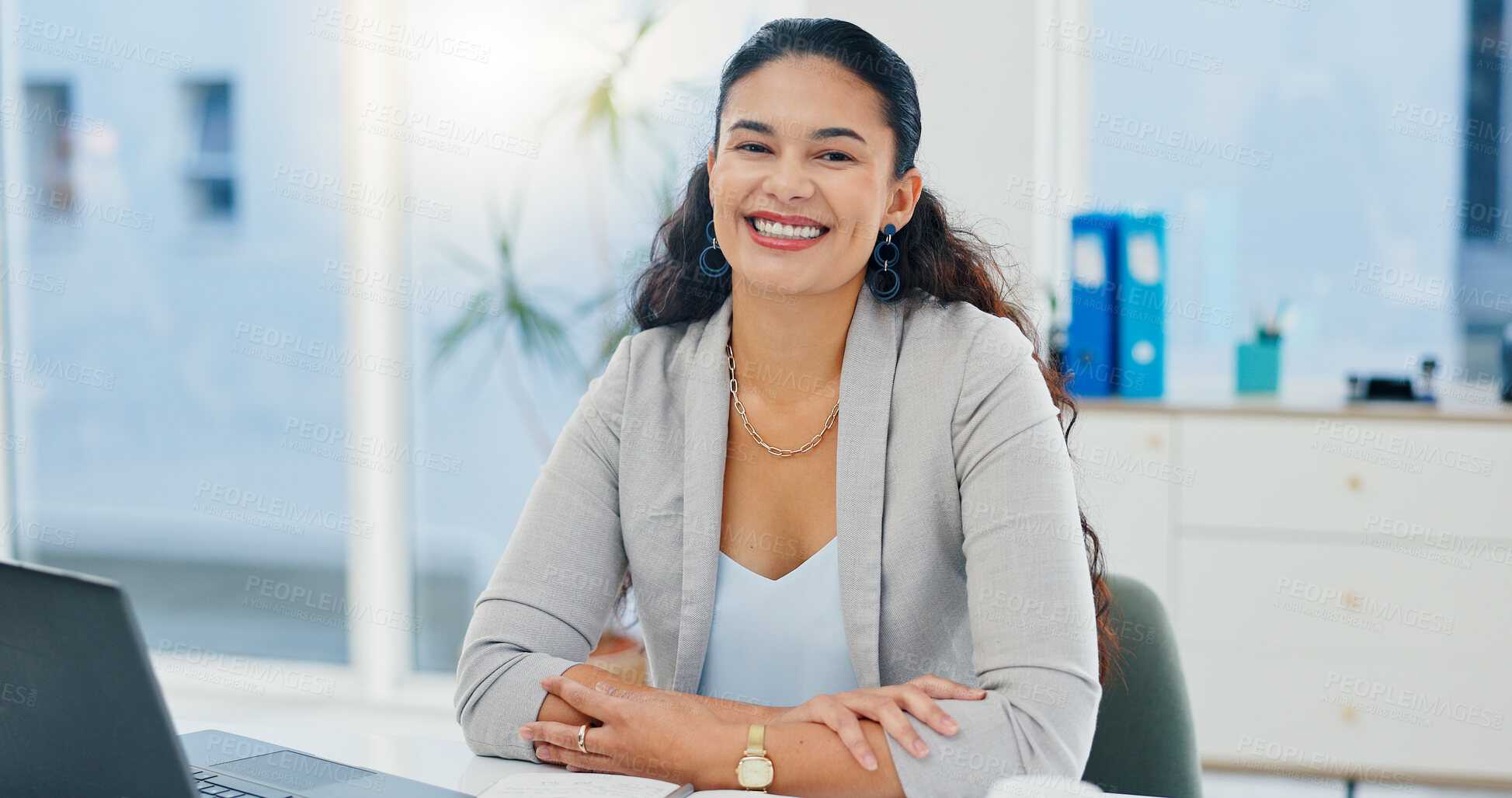 Buy stock photo Portrait, smile and confident business woman, receptionist and secretary on laptop in corporate office. Face, arms crossed and professional at work for administration, employee or assistant in Brazil