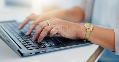 Buy stock photo Business, laptop and hands of woman in office for typing email, administration and planning. Professional, corporate and worker on computer for online schedule, research and project management