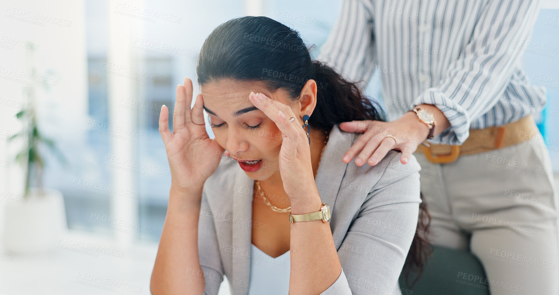 Buy stock photo Office, business woman and frustrated with support for stress, investment mistake and missed deadline. People, colleague and financial advisor with headache for work pressure, fatigue and empathy