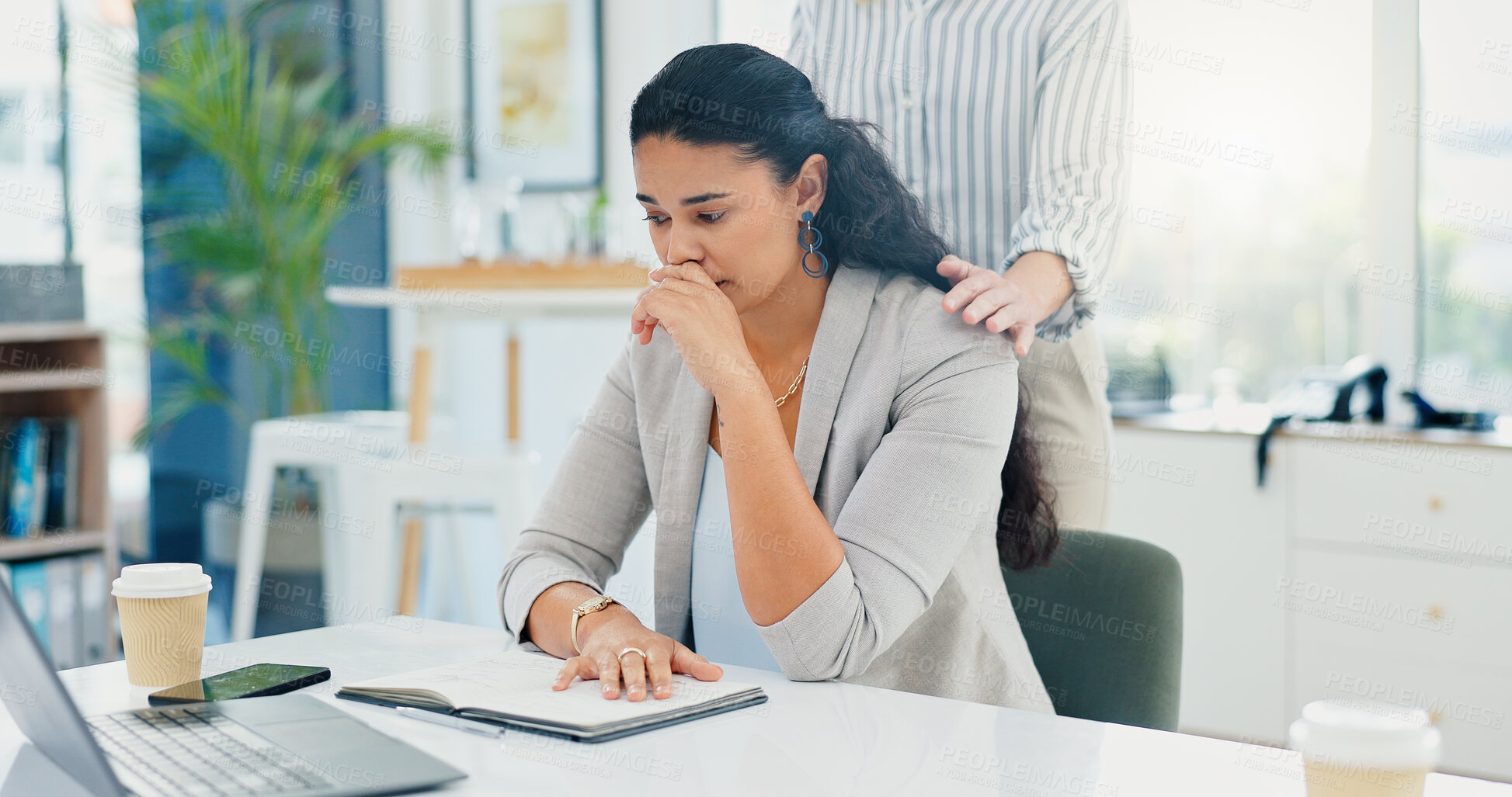 Buy stock photo Office, woman and stress with support for cry, schedule reminder mistake and missed deadline. Business people, colleague and financial advisor with work pressure for notebook info, fatigue or empathy