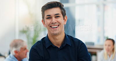 Buy stock photo Portrait, laugh and business man, financial advisor and wealth consultant coworking in office. Face, male person and professional employee, investment agent and happy intern with growth opportunity