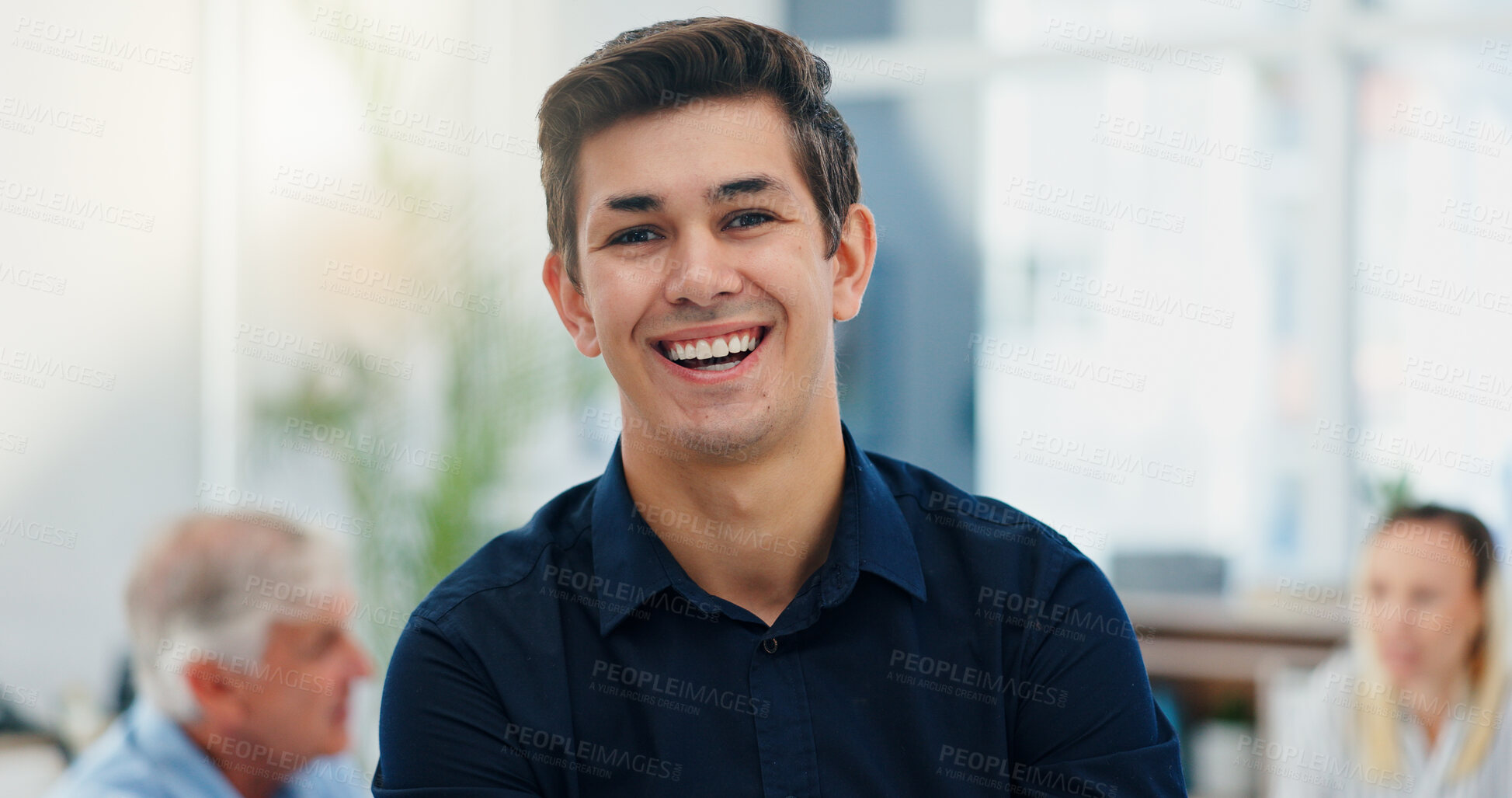 Buy stock photo Portrait, laugh and business man, financial advisor and wealth consultant coworking in office. Face, male person and professional employee, investment agent and happy intern with growth opportunity