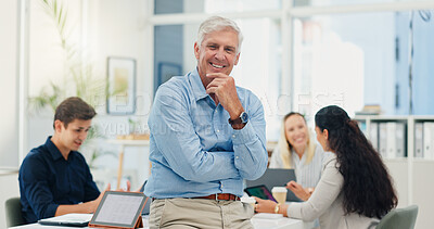 Buy stock photo Mature, business man and portrait in meeting for financial management, investment planning and confidence. Finance executive, employer and happy with staff in office for corporate career and pride