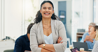 Buy stock photo Portrait, business people and woman in office, arms crossed and confidence with real estate. Face, employees and renovation agency in workplace, smile and planning for property development or ideas