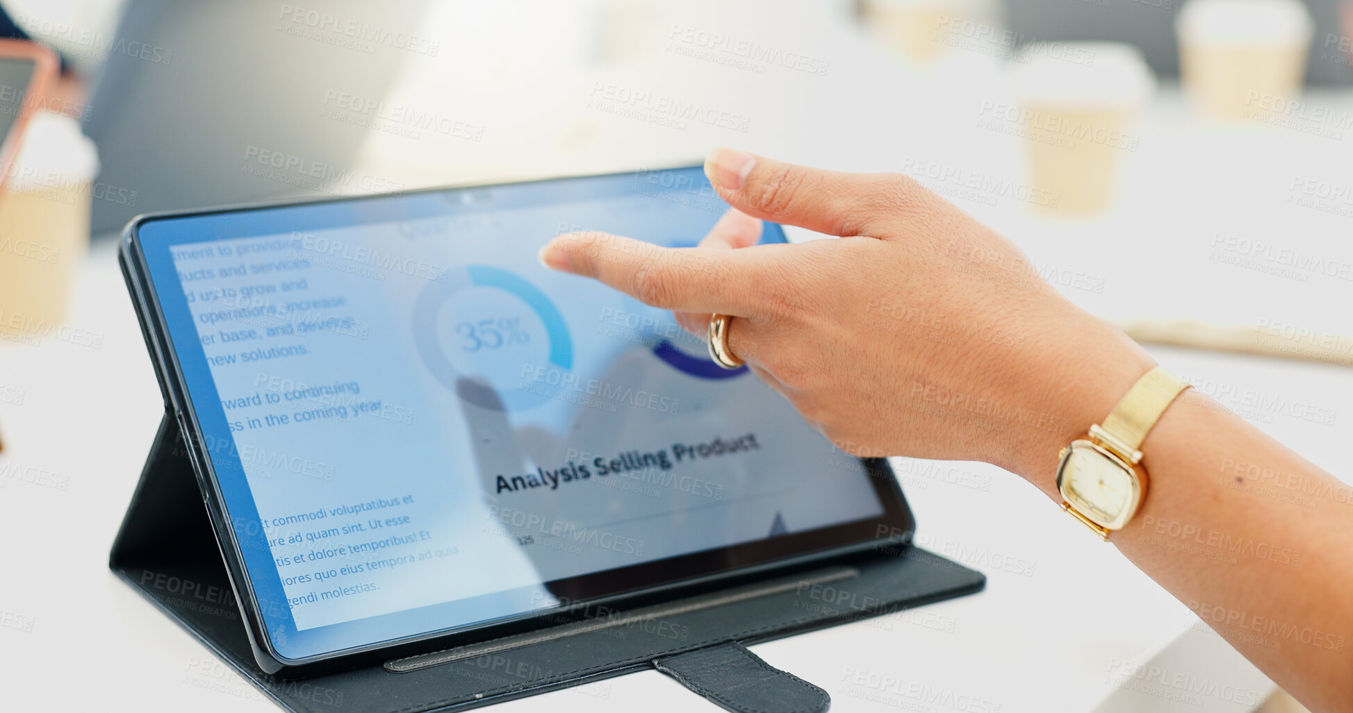 Buy stock photo Hand, person and graph with tablet screen in office, analysis selling product and sales performance. Employee, explain report and meeting with online charts, review information and growth statistics