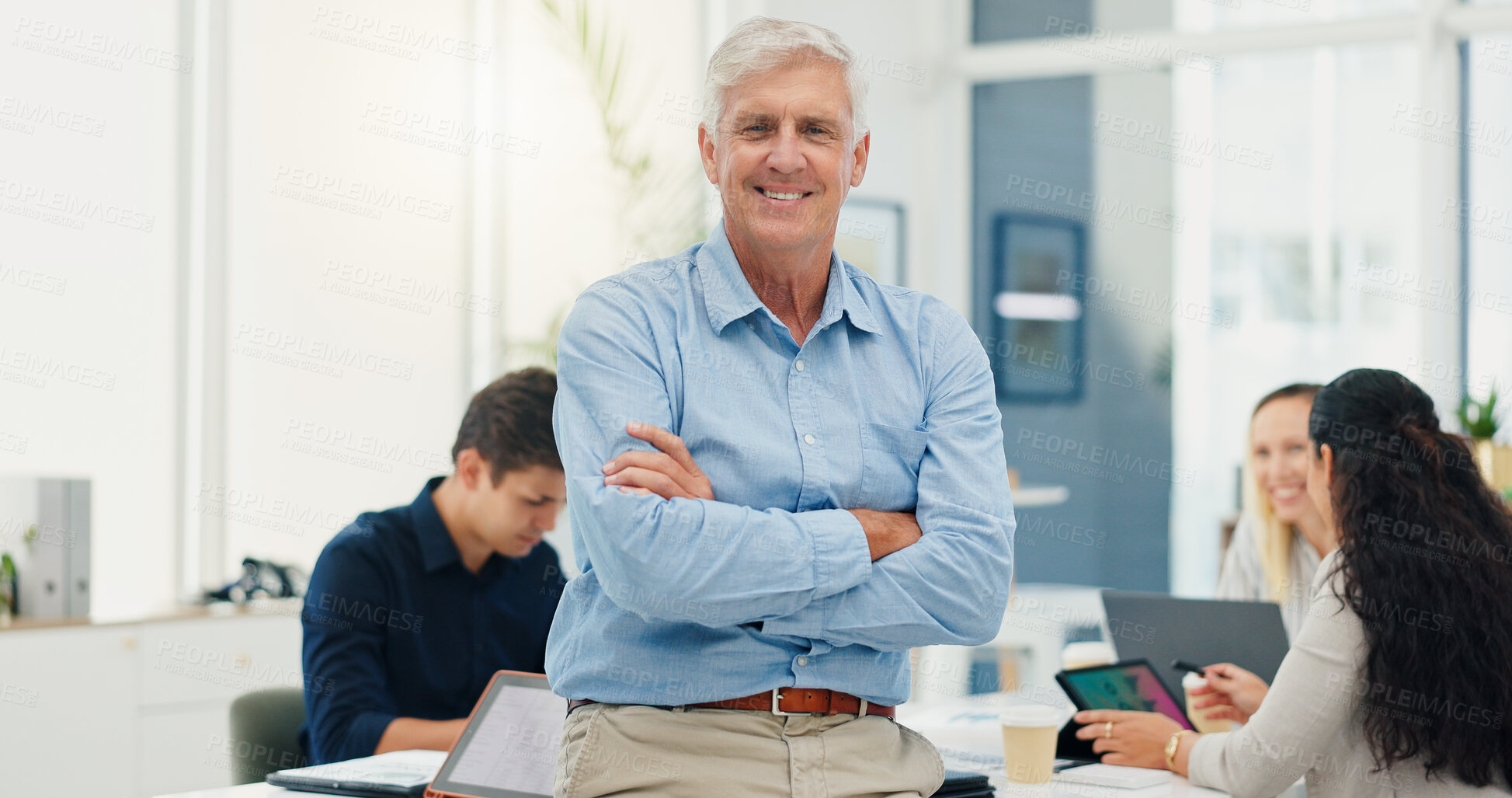 Buy stock photo Portrait, business man and arms crossed in meeting for financial management, investment planning and confidence. Finance executive, mature person and smile in office for corporate career and about us