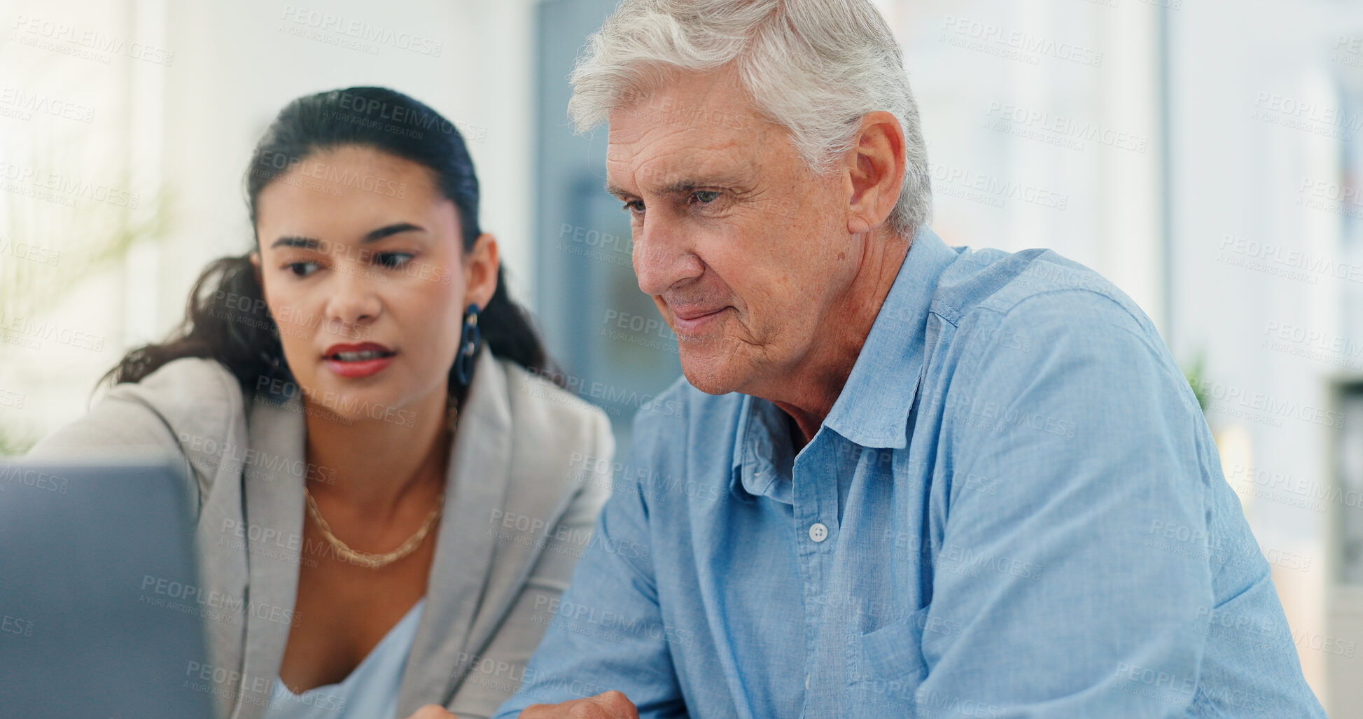 Buy stock photo Cooperation, help and business people in office, laptop and conversation with email for feedback. Employees, connection and mentor with coaching, pc and internet with advice, discussion and support