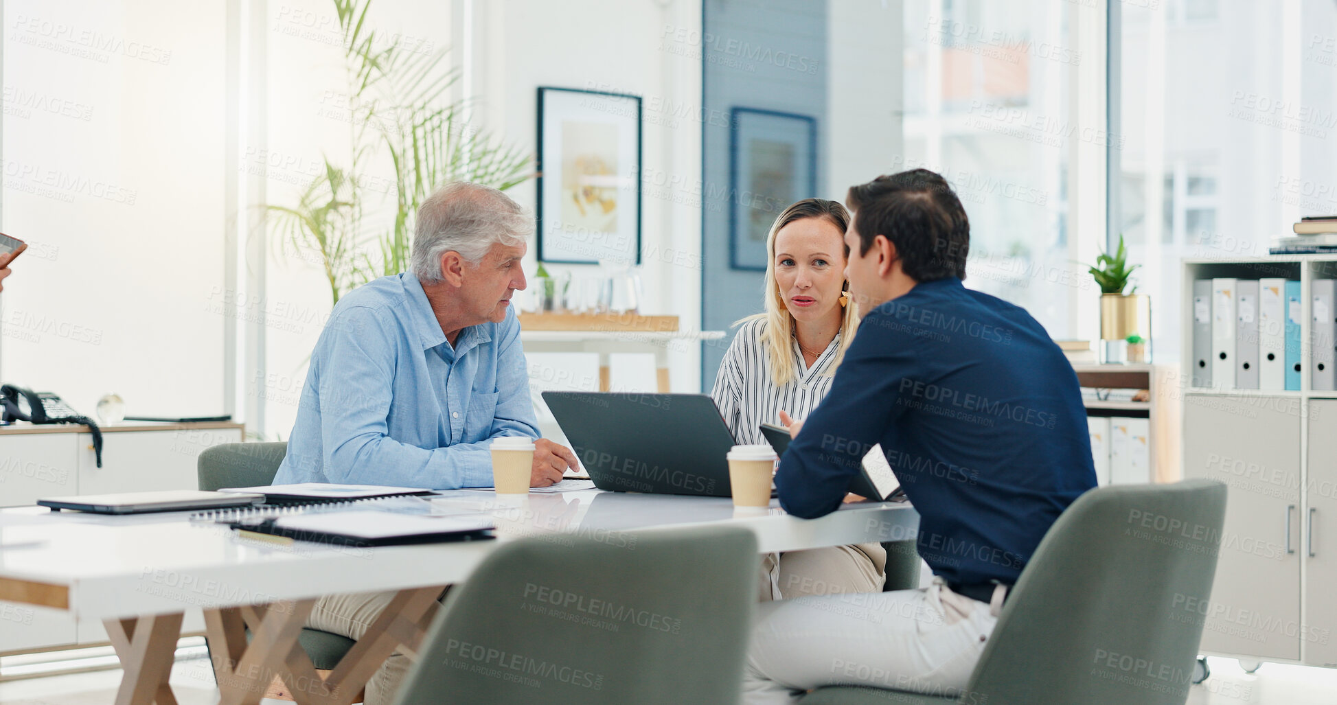 Buy stock photo Laptop, meeting and planning with business people in office for account manager, teamwork or discussion. Investment portfolio, client research and talking with group of employees in agency for review