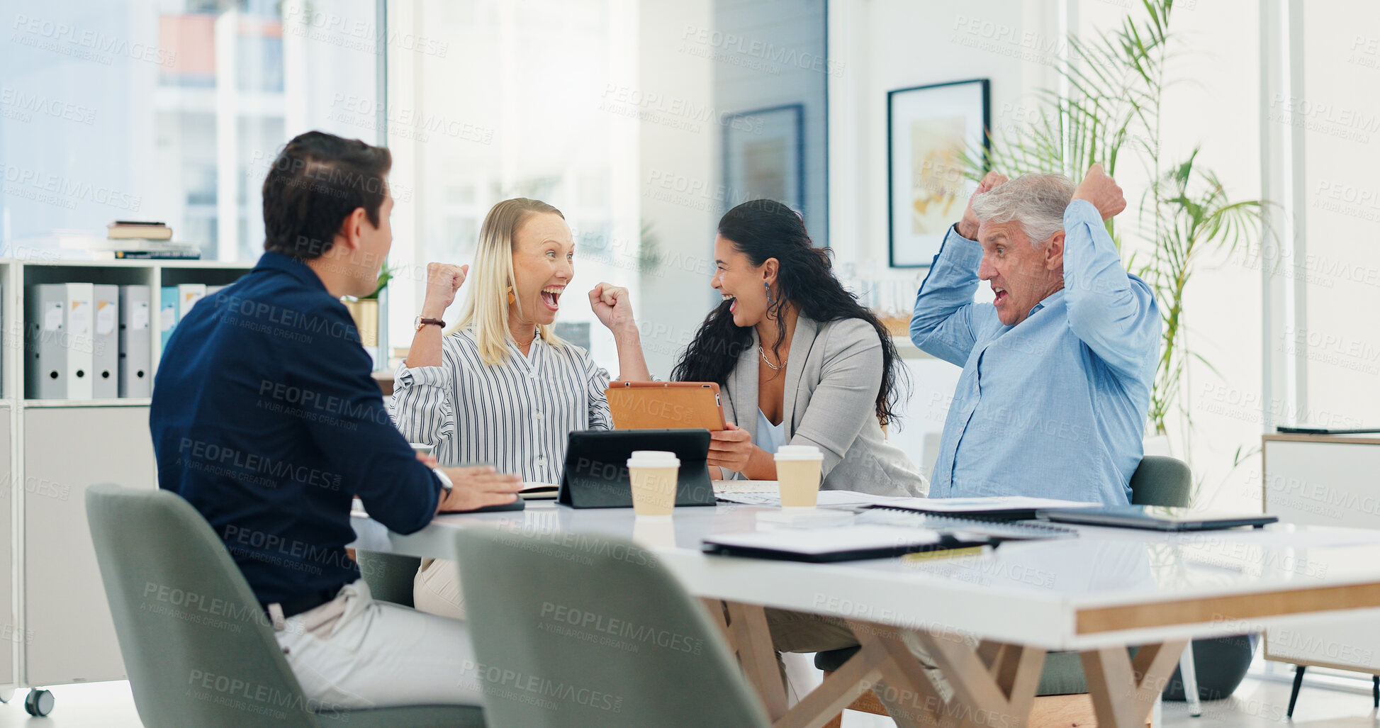 Buy stock photo Success, excited and teamwork with business people in meeting for support, celebration and deal approval. Achievement, funding grant and growth with employees in office for news, profit and results