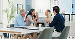 Success, high five and teamwork with business people in meeting for support, celebration and deal approval. Achievement, funding grant and growth with employees in office for news, profit and results