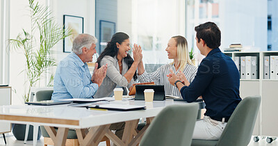 Buy stock photo Success, high five and teamwork with business people in meeting for support, celebration and deal approval. Achievement, funding grant and growth with employees in office for news, profit and results