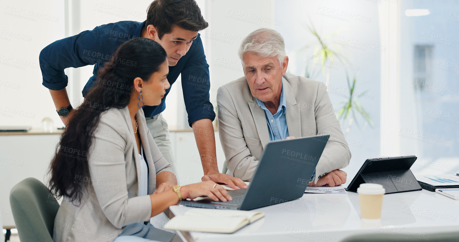 Buy stock photo Laptop, teamwork and business people in office, conversation or planning for property development. Employees, coworking or group in meeting, pc or internet for real estate with discussion or advice