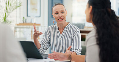 Buy stock photo Advisor, meeting and planning with business people in office for account manager, teamwork or discussion. Investment portfolio, client research and talking with employees in agency for review