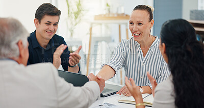 Buy stock photo Success, handshake and teamwork with business people in meeting for support, celebration and deal approval. Achievement, funding grant and applause with employees in office for news, b2b and results