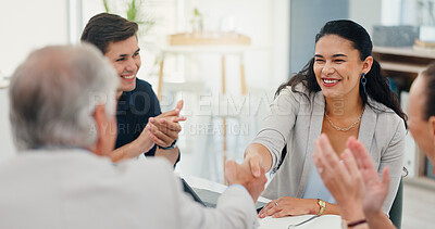 Buy stock photo Applause, handshake and meeting with business people in boardroom of office for agreement or deal. Bonus, congratulations and promotion with employee team shaking hands in workplace for success