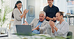 Success, laptop and applause with business people in meeting for support, online contract and deal approval. Achievement, funding grant and growth with employees in office for email news and profit
