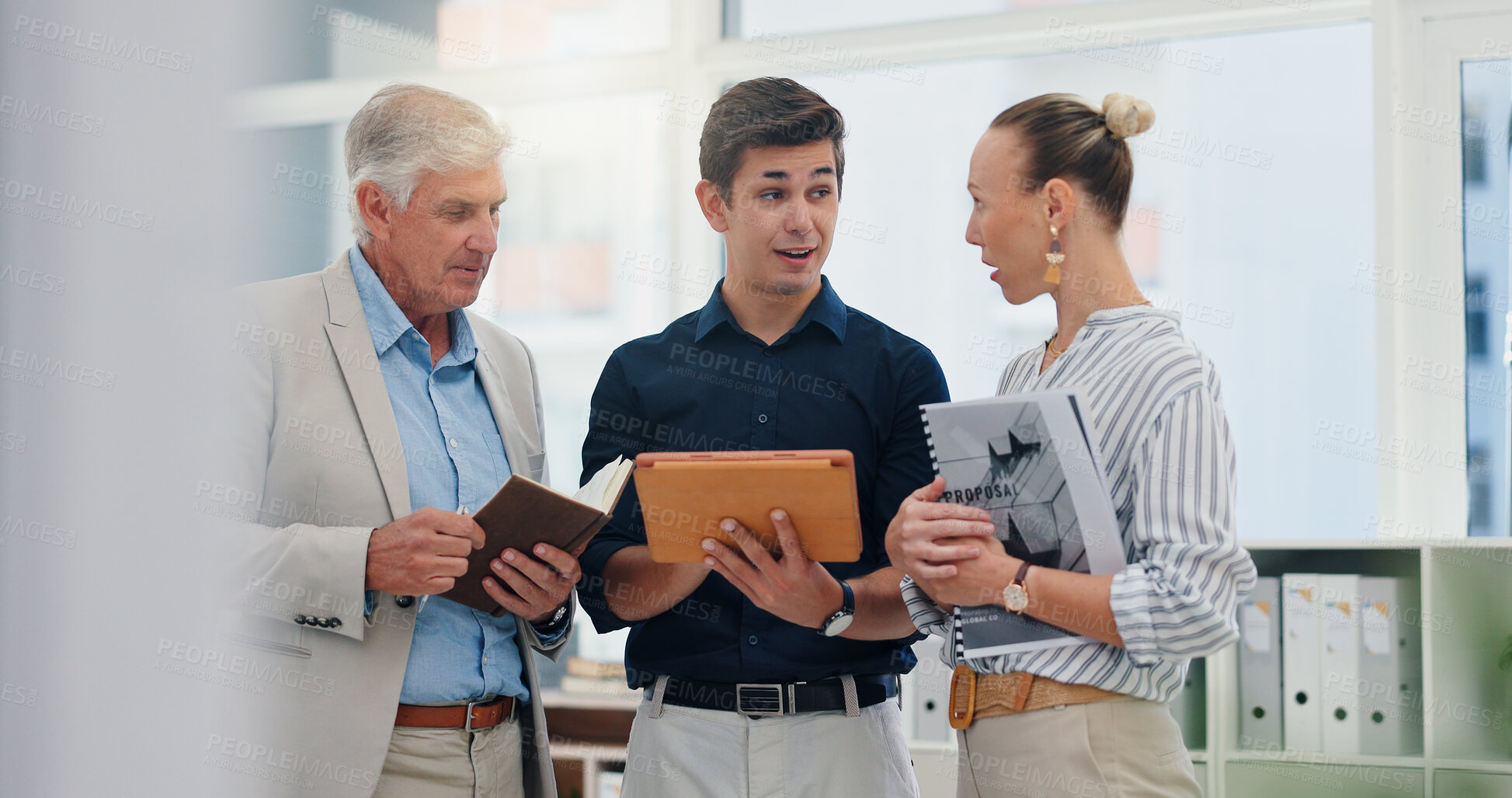 Buy stock photo Tablet, planning and meeting with business people in office for teamwork investment schedule and advisor. Finance report, budget review and partnership with employee in agency for collaboration