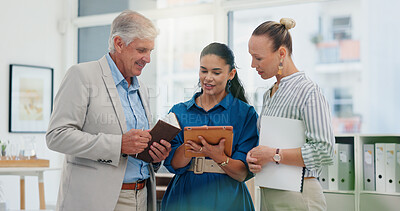 Buy stock photo Tablet, planning and teamwork with business people in office for meeting, investment schedule and advisor. Finance report, budget review and partnership with employee in agency for collaboration