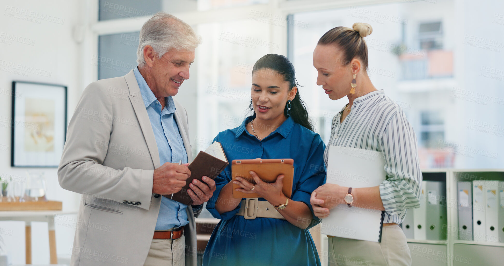 Buy stock photo Tablet, planning and teamwork with business people in office for meeting, investment schedule and advisor. Finance report, budget review and partnership with employee in agency for collaboration