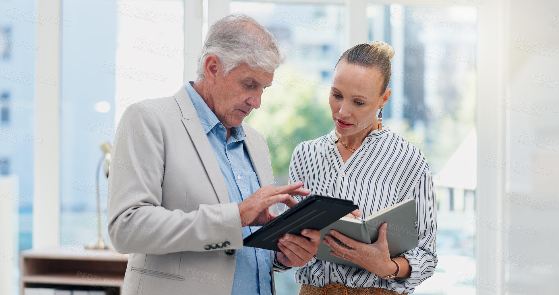 Buy stock photo Office, business people and teamwork with tablet for reading, news information and notes with writers. Collaboration, journalist and mature editor with digital for online article, blog or publication
