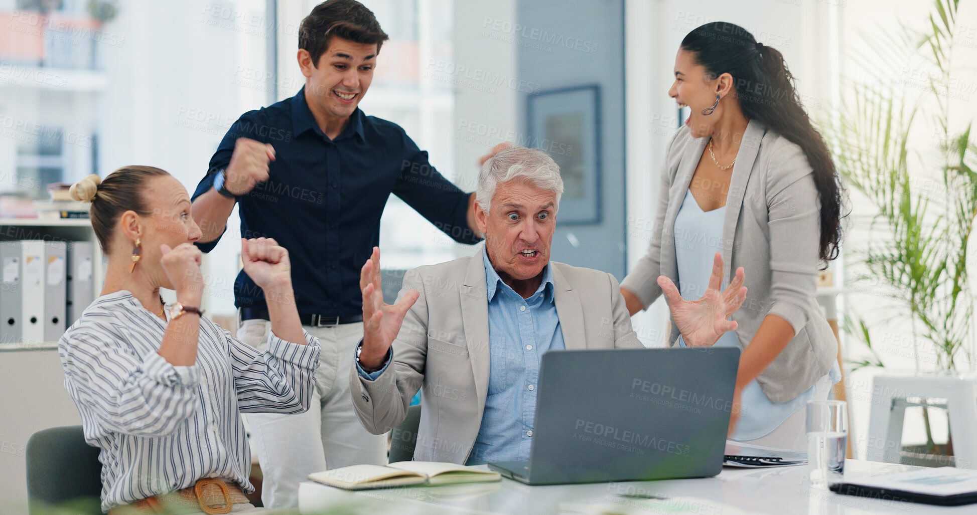 Buy stock photo Success, laptop and surprise with business people in meeting for support, online deal and approval. Achievement, funding grant and fist pump with employees in office for email news, b2b and results