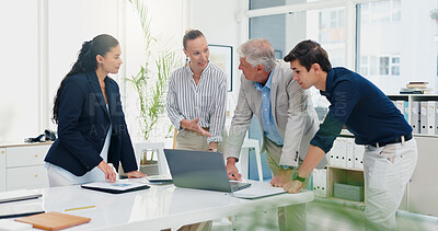 Buy stock photo Laptop, planning and teamwork with business people in office for meeting, investment schedule and advisor. Finance report, budget review and partnership with employee in agency for collaboration