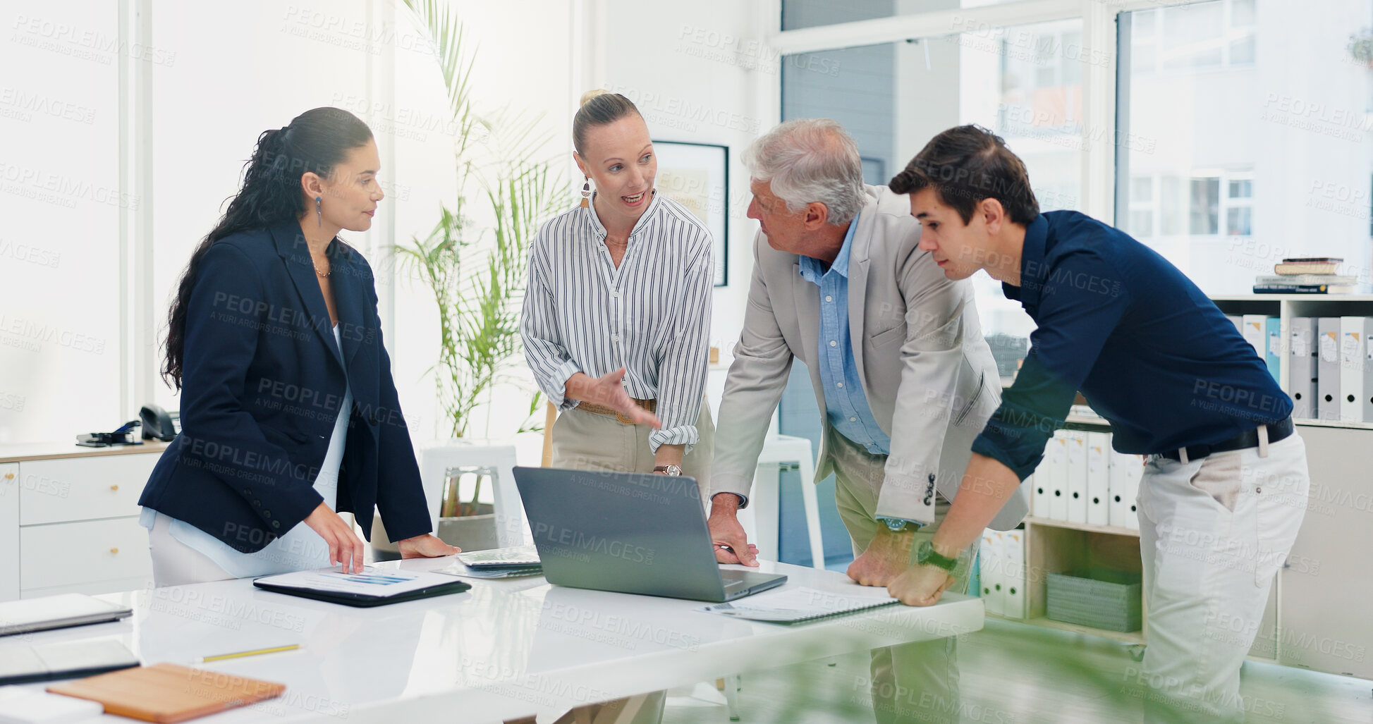 Buy stock photo Laptop, planning and teamwork with business people in office for meeting, investment schedule and advisor. Finance report, budget review and partnership with employee in agency for collaboration