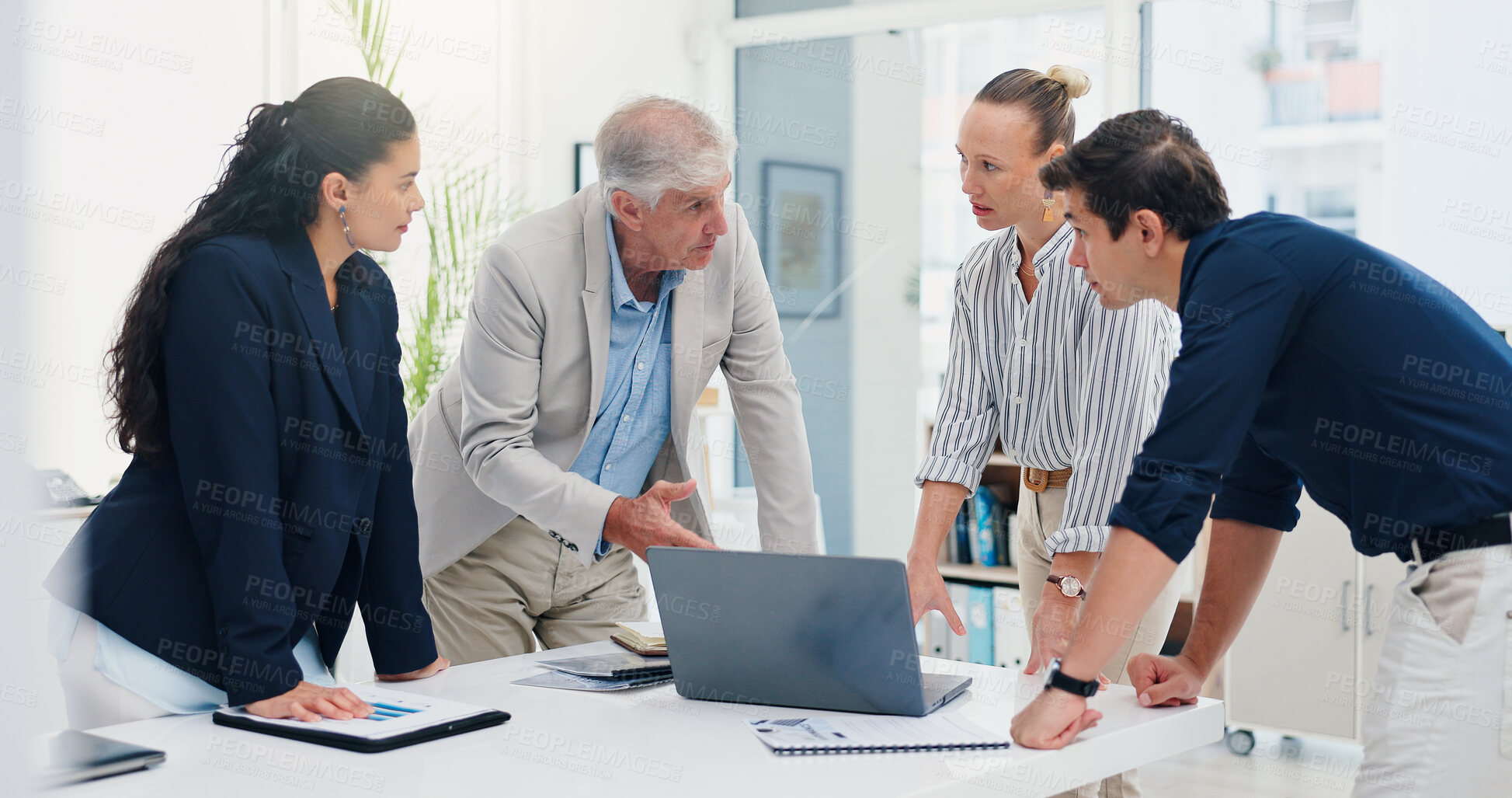 Buy stock photo Laptop, planning and discussion with business people in office for meeting, investment schedule and advisor. Finance report, budget review and partnership with employee in agency for collaboration