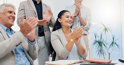 Buy stock photo Success, applause and business people in office for meeting with victory, achievement and celebrate. Corporate, professional and men and women clapping hands for good news, agreement and feedback
