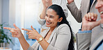 Finger guns, success and business people in office for meeting with victory, achievement and celebrate. Corporate, professional and men and women clapping hands for good news, applause and feedback