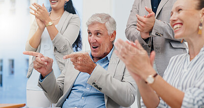 Buy stock photo Pointing, applause and happy business people in office for victory, achievement and celebrate. Corporate, professional and men and women clapping hands for good news, success and feedback in meeting