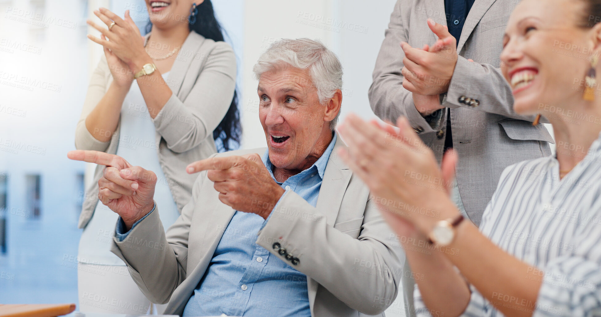 Buy stock photo Pointing, applause and happy business people in office for victory, achievement and celebrate. Corporate, professional and men and women clapping hands for good news, success and feedback in meeting