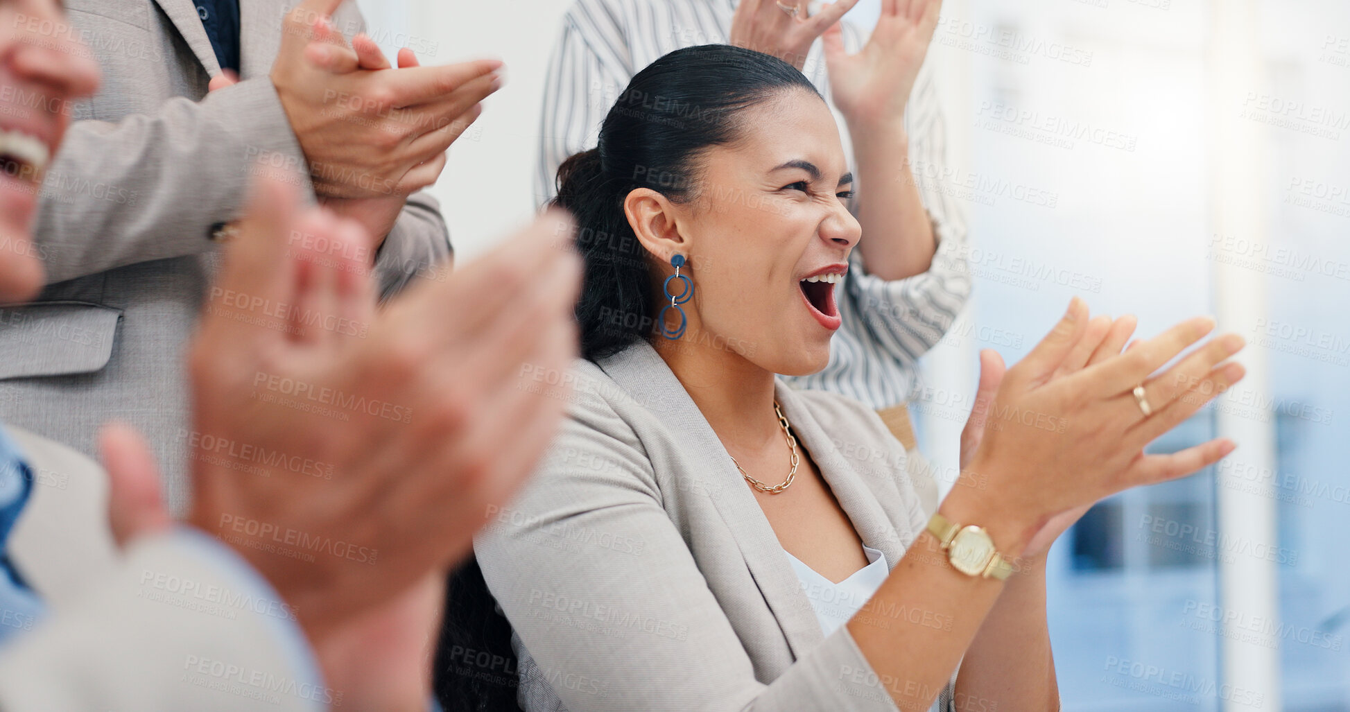 Buy stock photo Excited, applause and business people in office for meeting with victory, achievement and celebrate. Corporate, professional and men and women clapping hands for good news, success and feedback