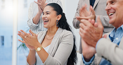Buy stock photo Success, applause and happy business people in office with victory, achievement and celebrate. Corporate, professional and men and women clapping hands for good news, promotion and meeting feedback