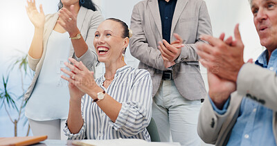 Buy stock photo Meeting, applause and happy business people in office with victory, achievement and celebrate. Corporate, professional and men and women clapping hands for good news, success and company feedback