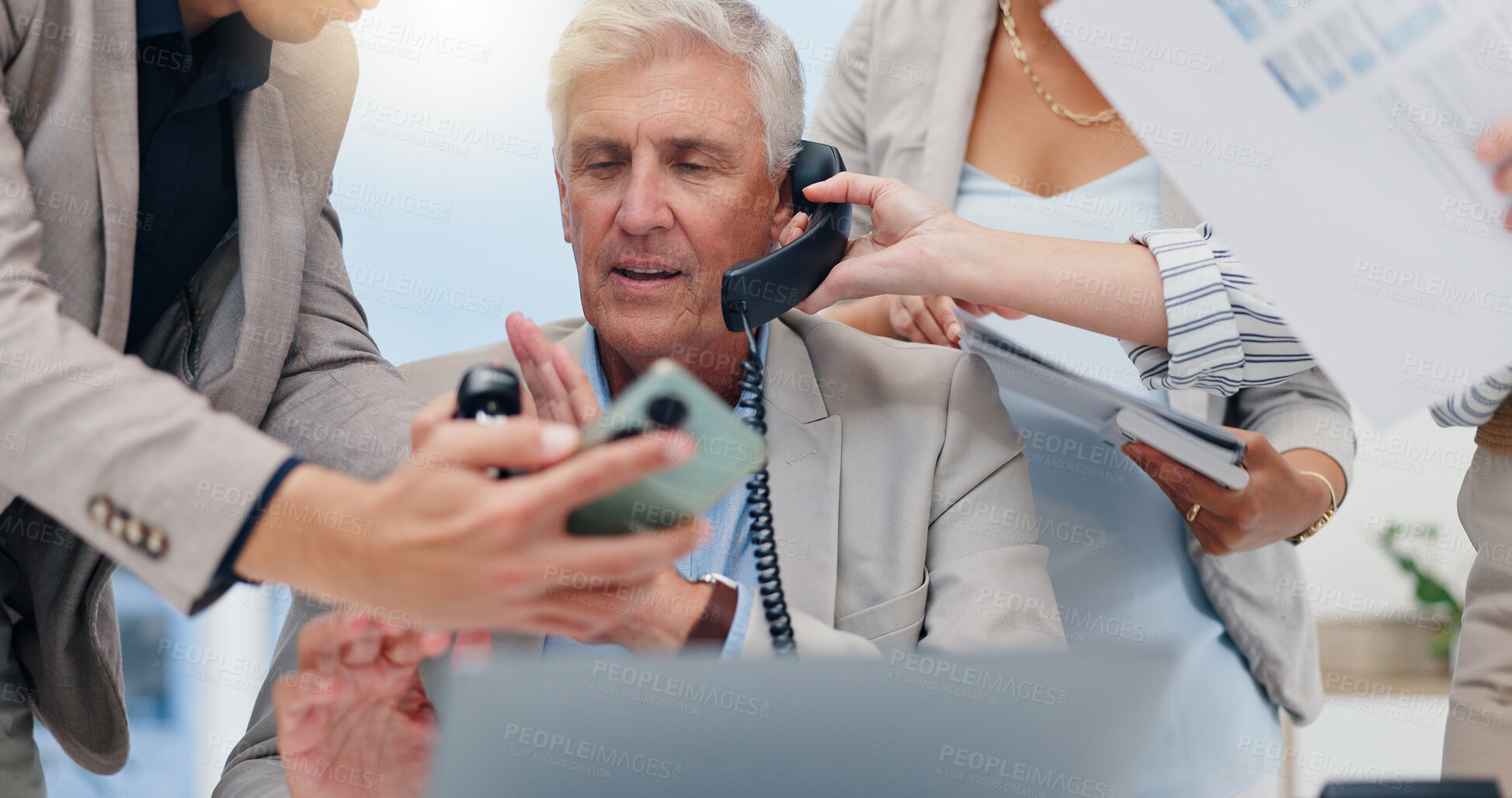 Buy stock photo Businessman, hands and multitasking with phone call, documents or laptop for deadline at insurance agency. CEO, people and chaos by computer, smartphone or paperwork for project management in office