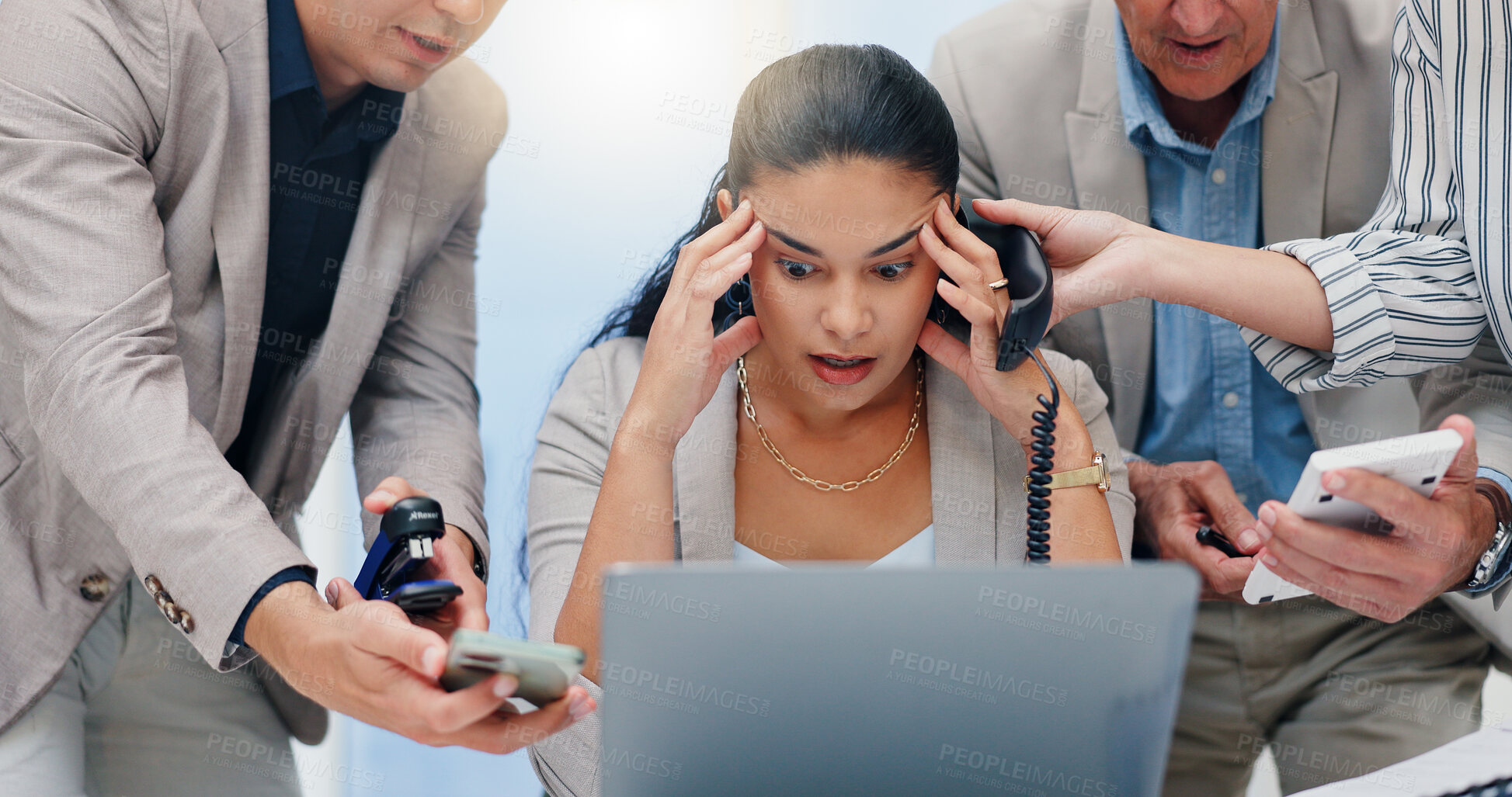 Buy stock photo Woman, hands and chaos in office, stress and telephone call for deadline at insurance agency. Business people, person and time management with smartphone, laptop and multitasking with headache at job
