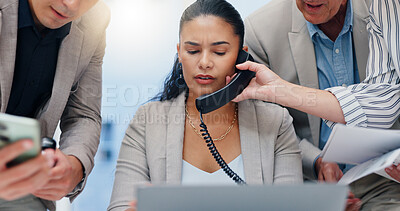 Buy stock photo Woman, hands and chaos in office, phone call and documents for multitasking at insurance agency. Business people, person and crisis by laptop, smartphone and time management for project at company