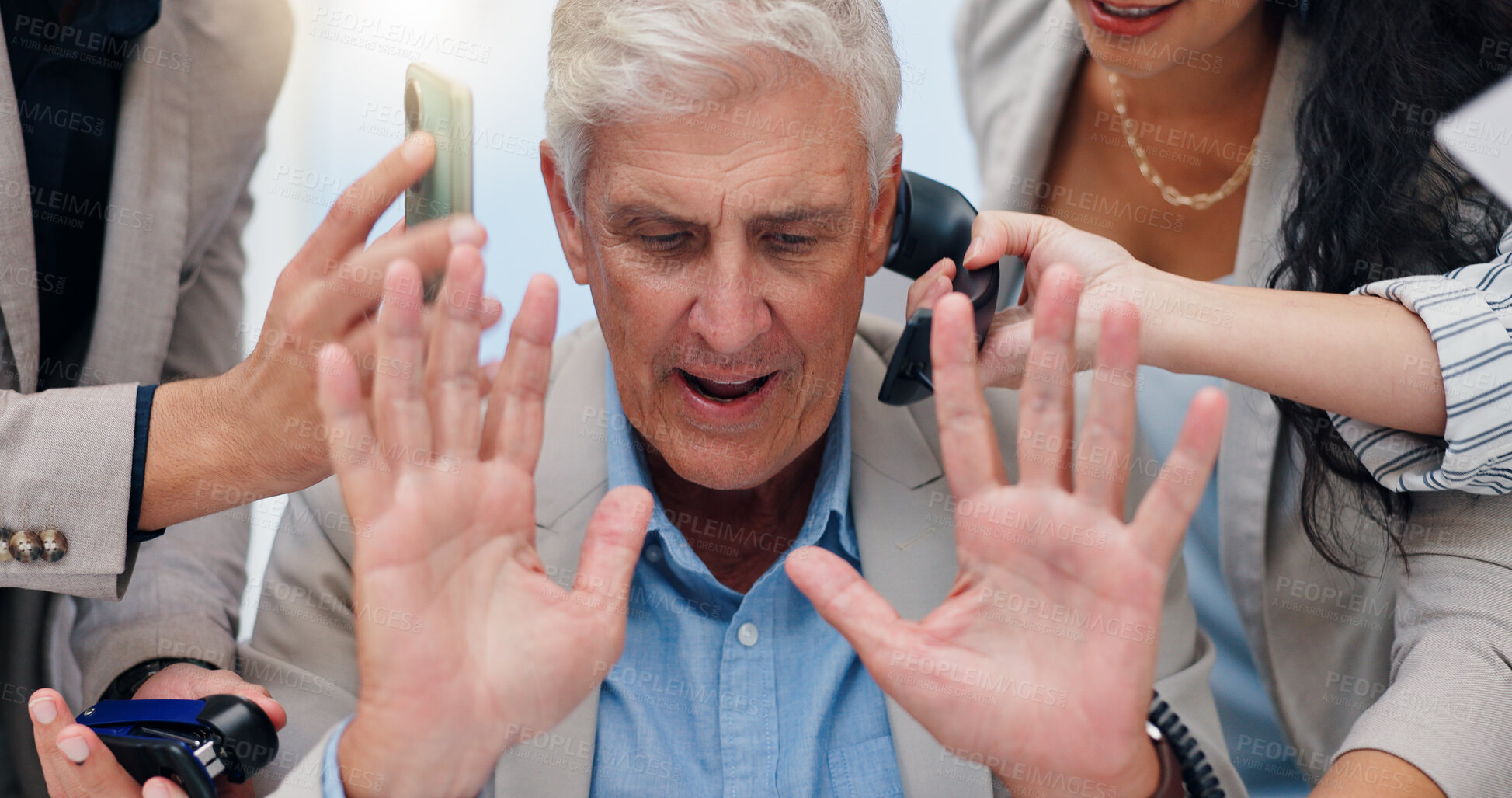 Buy stock photo Business man, hands and chaos with phone call, time management or stress for deadline at insurance agency. Mature CEO, people and overwhelmed with multitasking, smartphone or crisis with office staff