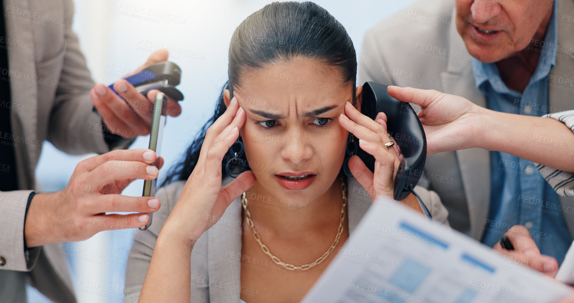 Buy stock photo Woman, hands and chaos with headache, documents or phone call for deadline at insurance agency. Person, overwhelmed and multitasking fail for smartphone, migraine and paperwork for project at company