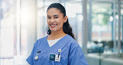 Buy stock photo Woman, nurse practitioner and smile in portrait at hospital for healthcare services, pride or job in lobby. Person, happy and career with medical consulting, confident and wellness clinic in Colombia
