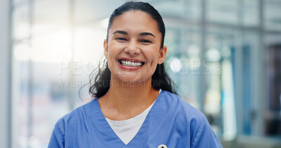 Buy stock photo Woman, nurse practitioner and happy in portrait at hospital for healthcare services, pride or job in lobby. Person, smile and career with medical consulting, confident and wellness clinic in Mexico