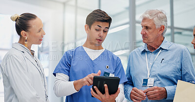 Buy stock photo Man, doctors and tablet with group at hospital with discussion for funding, management and review. People, leader and team with surgeon, problem solving and feedback with app at wellness clinic