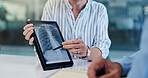 Hands, doctor and patient with tablet screen, xray for lungs and healthcare with breakthrough. People, closeup and medical with professional, tech and diagnosis with report, feedback for test or talk