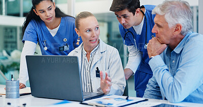Buy stock photo Woman, doctors and laptop with group at hospital with discussion for funding, management and review. People, leader and team with surgeon, problem solving and feedback with pc at wellness clinic