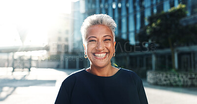 Buy stock photo Portrait, employee and woman with smile, city and commuting to work in morning, social worker and road. Outdoor, human services professional and mature person on urban street, confident and travel