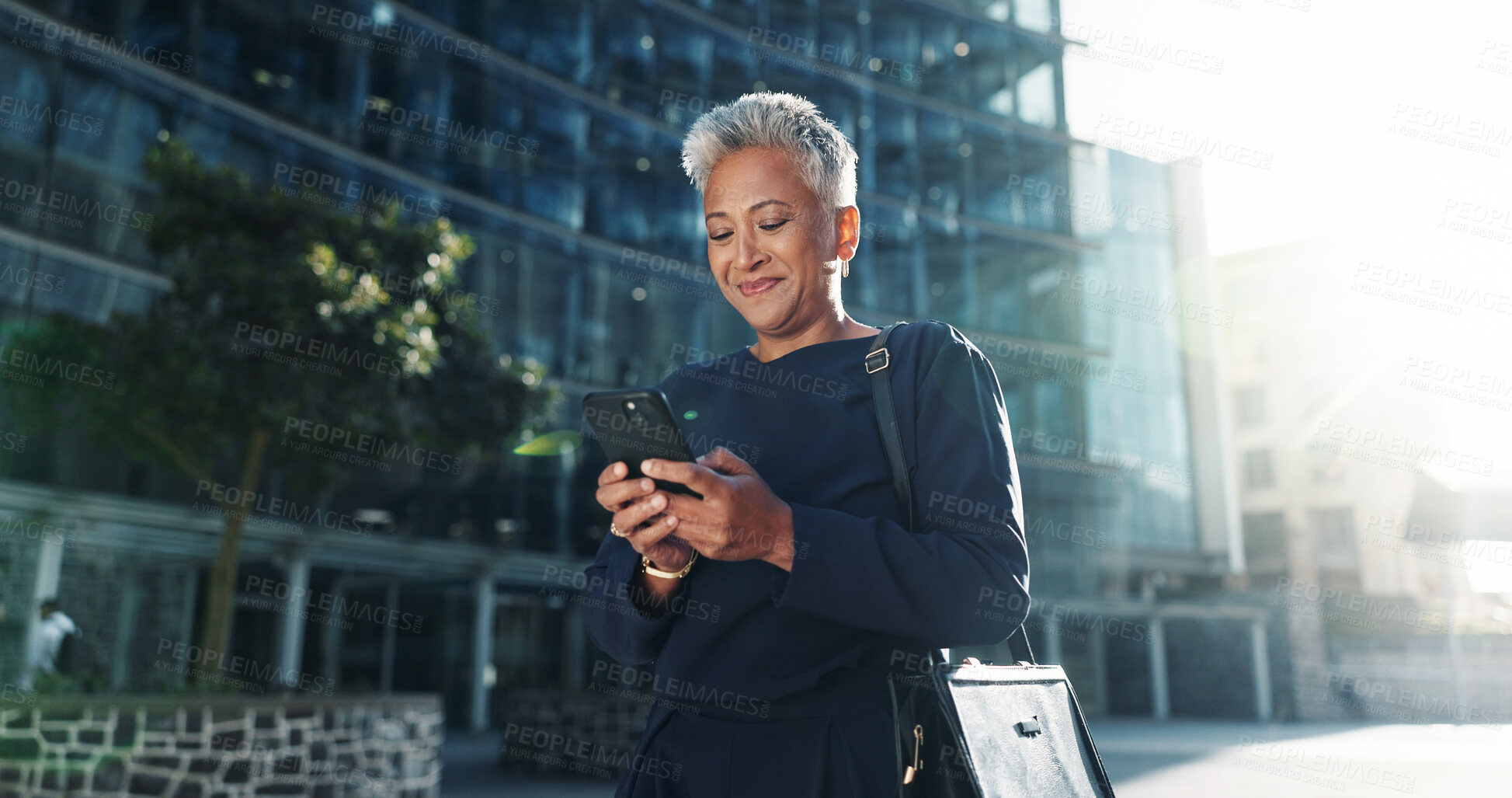 Buy stock photo Texting, phone and business with woman in city for stock market report, reading and investment app. Trader portfolio, communication and client chat with mature person outdoor for mobile or networking