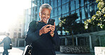 Happy, phone and business with woman in city for stock market report, reading and investment app. Trader portfolio, communication and client chat with mature person outdoor for mobile and networking