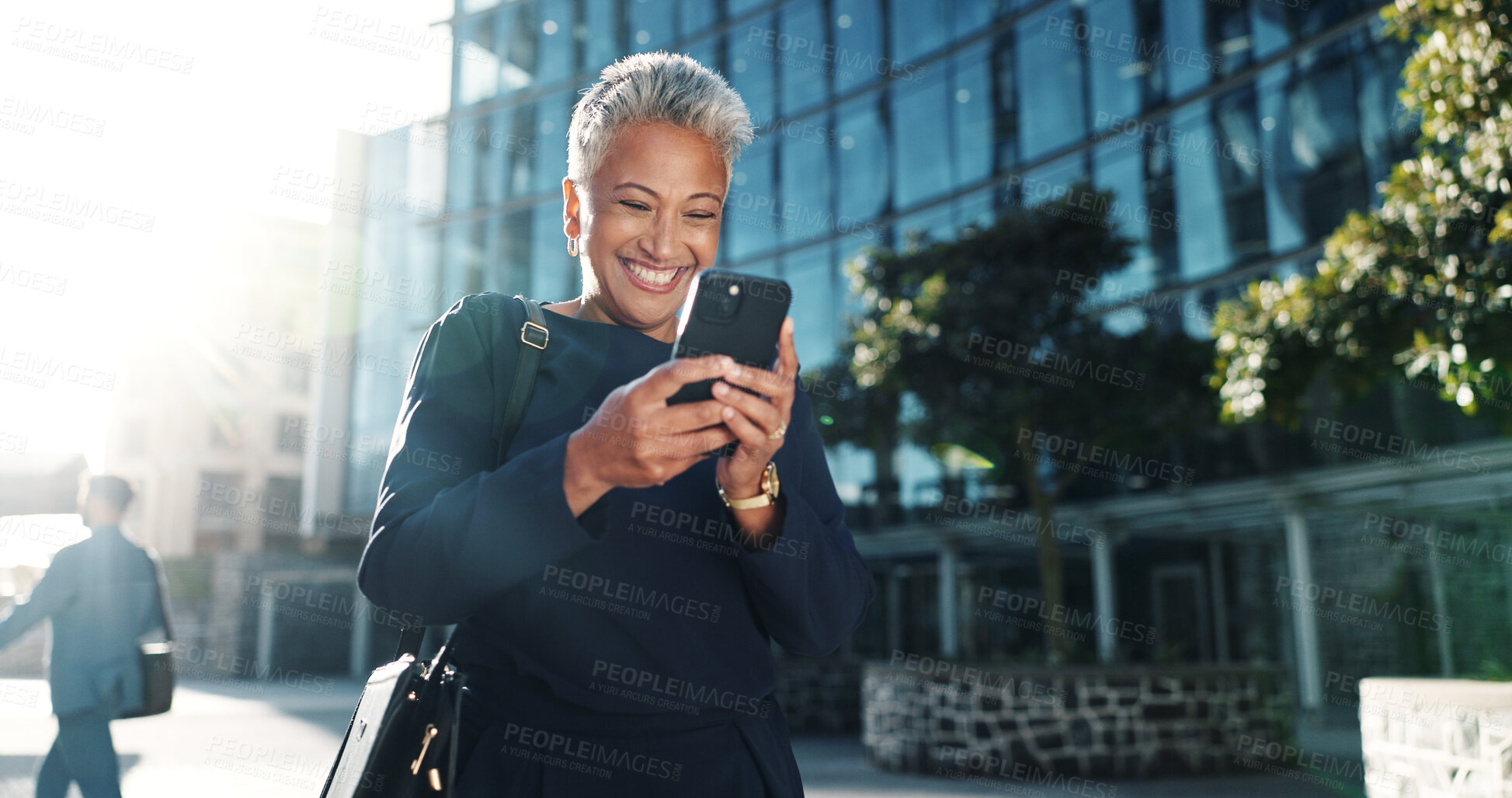 Buy stock photo Happy, phone and business with woman in city for stock market report, reading and investment app. Trader portfolio, communication and client chat with mature person outdoor for mobile and networking