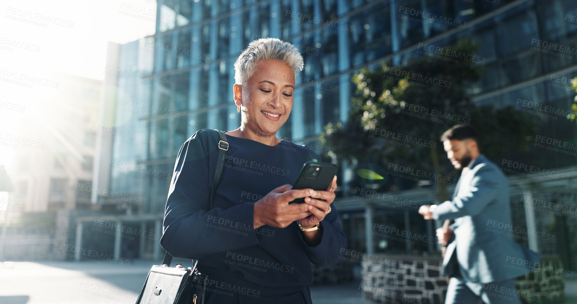 Buy stock photo Typing, phone and business with woman in city for stock market report, reading and investment app. Trader portfolio, communication and client chat with mature person outdoor for mobile and networking